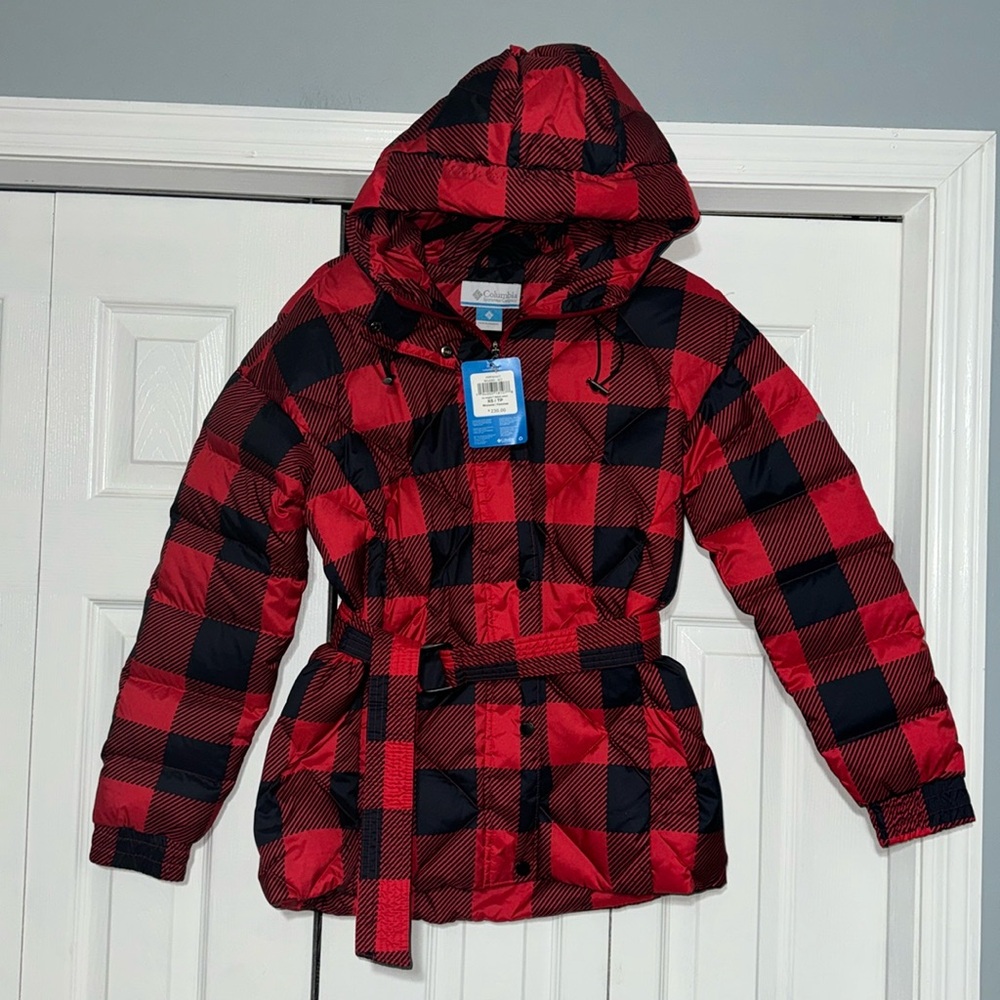 NWT Columbia buffalo plaid down lay Heights belted jacket $230